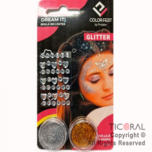 KIT MAQUILLAJE ARTISTICO GLITTER PLATA Y ORO (4 GR) + STRASS